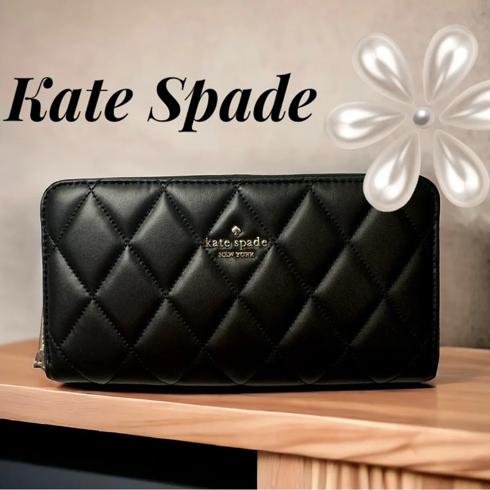 Kate Spade Quilted Black Leather Zip Around Wallet NWT - Picture 2 of 16